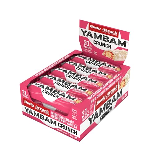 Body Attack YAMBAM Crunch Protein Riegel White Chocolate Raspberry Vanilla (15 x 55 g), Protein Riegel Low Sugar & High Protein, Eiweißriegel mit Schokobezug von Body Attack Sports Nutrition