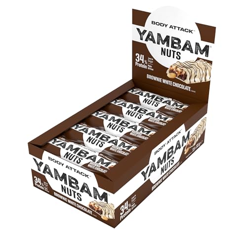 Body Attack YAMBAM NUTS Brownie White Chocolate, 15 x 55g, Proteinriegel mit mehr als 30% Eiweiß, Fitness-Riegel ohne Zuckerzusatz und ohne Aspartam von Body Attack Sports Nutrition