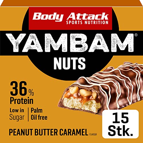 Body Attack YAMBAM NUTS Peanut Butter Caramel, 15 x 55g, Proteinriegel mit mehr als 30% Eiweiß, Fitness-Riegel ohne Zuckerzusatz und ohne Aspartam von Body Attack Sports Nutrition