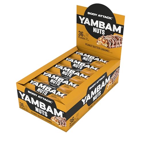 Body Attack YAMBAM NUTS Peanut Butter Caramel, 15 x 55g, Proteinriegel mit mehr als 30% Eiweiß, Fitness-Riegel ohne Zuckerzusatz und ohne Aspartam von Body Attack Sports Nutrition