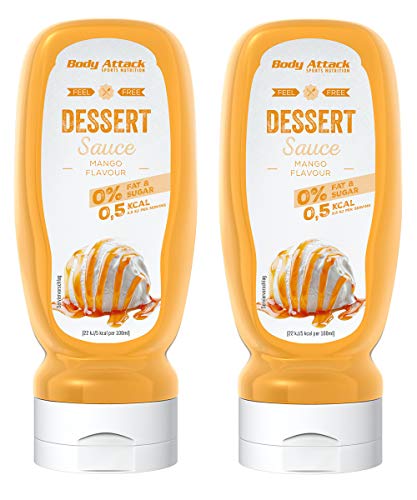 Body Attack Dessert Sauce Mango 2x 320ml / 2x 32 Portionen, vegane kalorienarme Sauce, perfekt für Süßes, wenig Fett & Zucker, laktosefrei, ideal zum Kochen, perfekt für Diätphasen, Made in Germany von Body Attack Sports Nutrition