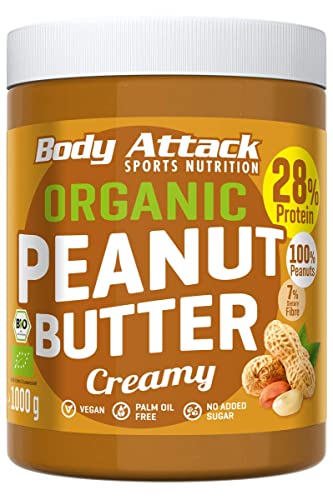 Body Attack Organic Peanut Butter, 1kg, Bio-Erdnussbutter ohne Palmöl, Erdnussmus vegan, ungesüßt, 28% Protein (Bio-Creamy) von Body Attack