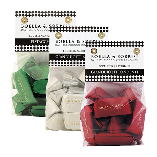 Boella & Sorrisi, Probierpaket Gianduiotti Tricolori, Pistazie, dunkle Schokolade, Haselnuss, glutenfrei, aus Italien, 3 x 200 gg von Boella & Sorrisi Srl