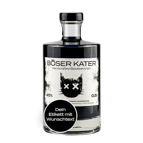 Böser Kater Blackberry Gin, Personalisierter schwarzer Gin mit eigenem Wunschtext, Das perfekte Geschenk, Fruchtiger Black Gin mit Brombeer-Geschmack, Der Katzen Gin, 0,5 l - 40% Vol. von Böser Kater