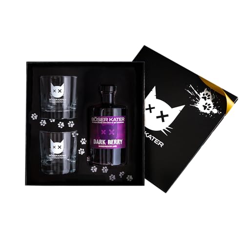 BÖSER KATER Dark Berry Likör Geschenkset mit 2 Gläsern | Fruchtiger Beerenlikör mit Brombeere & Blaubeere | Pur, in Cocktails oder als Spritz Aperitif | Besondere Geschenkidee 0,5l 20% Vol. von Böser Kater