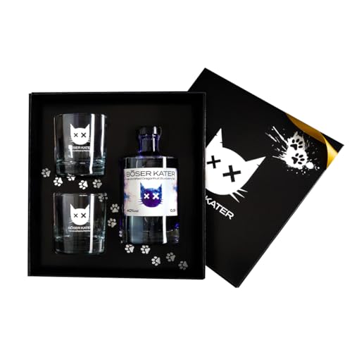 Böser Kater Dragonfruit Blueberry Gin Geschenkset mit 2 Gläsern, das perfekte Gin Geschenk in hochwertiger Box, 0,5l 40% Vol. von Böser Kater