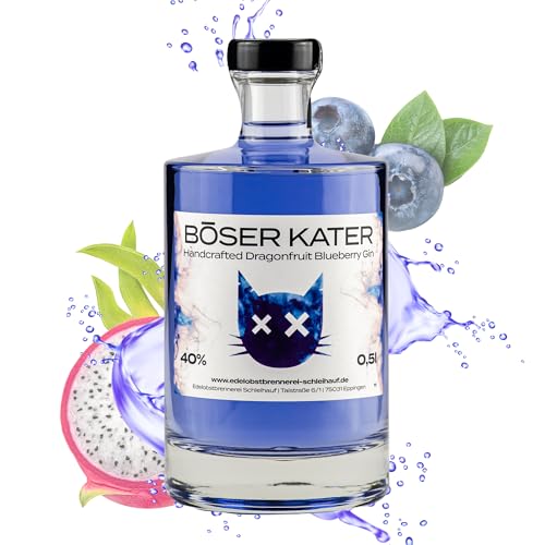 Böser Kater Dragonfruit Blueberry Gin, Fruchtiger Geschmack, Für spannende Gin Tonic Cocktails, Die perfekte Geschenkidee, Handgemacht mit kleiner Auflage, 0,5l 40% Vol von Böser Kater