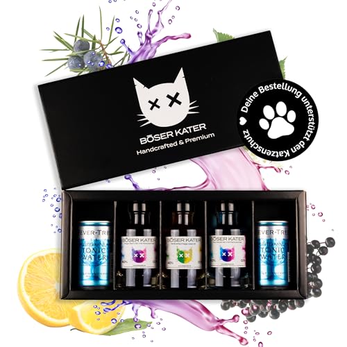 Böser Kater Farbwechsel Gin Tasting-Set | Hochwertige Geschenkbox | Perfekte Geschenkidee | 3x 100ml Farbwechsel Gin + 2x 150ml Fever Tree Tonic Water | für bis zu 5 Personen von Böser Kater