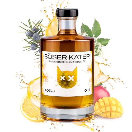 Böser Kater Fruity Mango Gin, Perfekt als Gin & Tonic Cocktail, Fruchtiger Mango-Geschmack, Ideal als Geschenk, Kleine Auflage, Handgemachter Katzen Gin, 0,5l 40% Vol. von Böser Kater