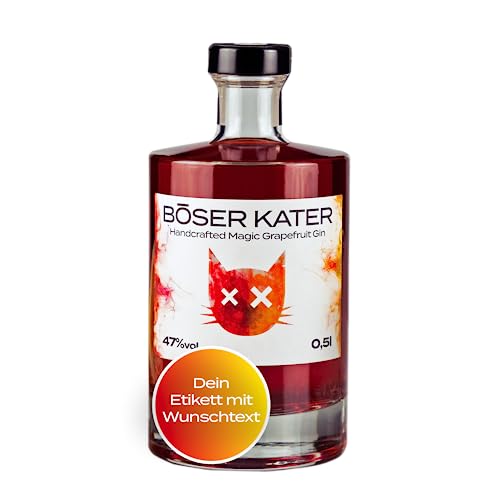 Böser Kater Magic Grapefruit Gin, Farbwechsel-Effekt von Rot zu Orange, Personalisierter Gin mit eigenem Wunschtext, Das perfekte Geschenk, Fruchtiger Geschmack, Der Katzen Gin, 0,5 l - 47% Vol. von Böser Kater