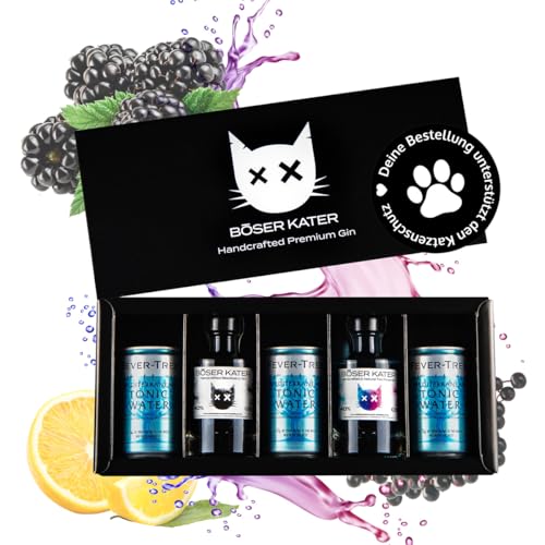 Böser Kater Gin Tasting-Set | Hochwertige Geschenkbox | Perfekte Geschenkidee | 2x 100ml Gin + 3x 150ml Fever Tree Tonic Water | Gin-Tasting für bis zu 5 Personen von Böser Kater