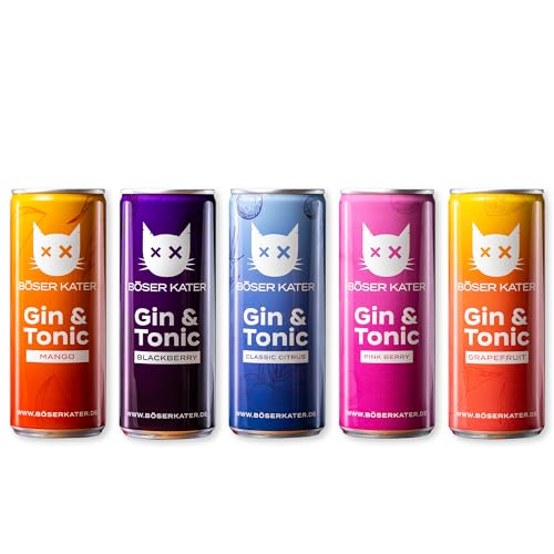 Böser Kater Gin & Tonic Dosen Probierset, 5 fruchtige Geschmacksrichtungen, Erfrischendes Mixgetränk, Handlicher Ready-To-Drink Cocktail, Trinkfertig für unterwegs, 5 x 250 ml - 10% Vol Böser Kater Gin & Tonic Dosen Probierset, 5 fruchtige Geschmacksrichtungen, Erfrischendes Mixgetränk, Handlicher Ready-To-Drink Cocktail, Trinkfertig für unterwegs, 5 x 250 ml - 10% Vol von Böser Kater