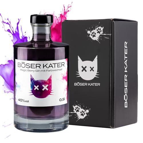 Böser Kater Magic Berry Gin, Farbwechsel-Effekt von Violett zu Rot durch Tonic Water, Das perfekte Geschenk, Fruchtiger Beeren-Geschmack, Handgemachter Katzen Gin, 0,5l - 40% Vol. von Böser Kater