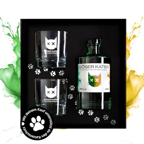 BÖSER KATER Magic Green Gin Geschenkset mit 2 Gläsern | Farbwechsel-Effekt von Grün zu Gelb-Orange durch Tonic | Das perfekte Gin Geschenk in hochwertiger Box | Fruchtiger Zitrusgeschmack 0,5l 40% BÖSER KATER Magic Green Gin Geschenkset mit 2 Gläsern | Farbwechsel-Effekt von Grün zu Gelb-Orange durch Tonic | Das perfekte Gin Geschenk in hochwertiger Box | Fruchtiger Zitrusgeschmack 0,5l 40% von Böser Kater