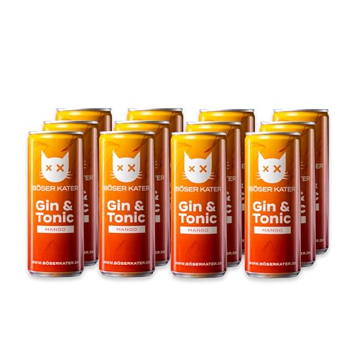 Böser Kater Mango, Gin & Tonic Dosen, Exotischer Mango-Geschmack, Erfrischendes Mixgetränk, Handlicher Ready-To-Drink Cocktail, Trinkfertig für unterwegs, 12 x 250 ml - 10% Vol von Böser Kater