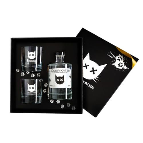 Böser Kater Premium Gin Geschenkset mit 2 Gläsern, das perfekte Gin Geschenk in hochwertiger Box, 0,5l - 47% Vol. von Böser Kater