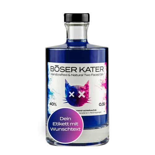 Böser Kater Two Faced Gin, Farbwechsel-Effekt von Blau zu Violett, Personalisierter Gin mit deinem Wunschtext, Das perfekte Geschenk, Mild fruchtig im Geschmack, Der Katzen Gin, 0,5 l - 40% Vol. von Böser Kater