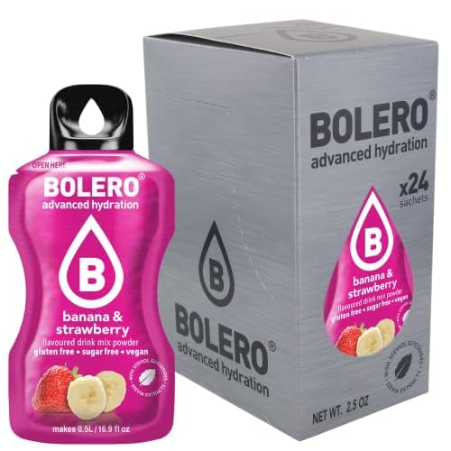 Bolero BANANA & STRAWBERRY 24x3g | Saftpulver ohne Zucker, gesüßt mit Stevia + Vitamin C | geeignet für Kinder, Sportler und Diabetiker | glutenfrei und veganfreundlich | Bananen und Erdbeergeschmack von Bolero