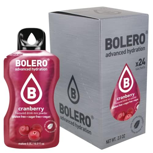 Bolero CRANBERRY 24x3g | Saftpulver ohne Zucker, gesüßt mit Stevia + Vitamin C | geeignet für Kinder, Sportler und Diabetiker | glutenfrei und veganfreundlich | Cranberry-Geschmack von Bolero