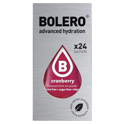 Bolero CRANBERRY 24x3g | Saftpulver ohne Zucker, gesüßt mit Stevia + Vitamin C | geeignet für Kinder, Sportler und Diabetiker | glutenfrei und veganfreundlich | Cranberry-Geschmack von Bolero