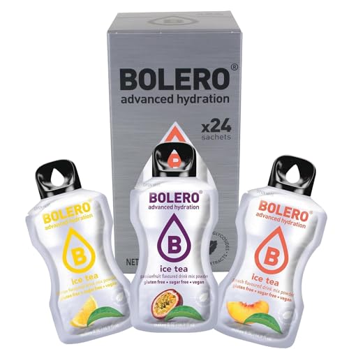 Bolero ICE TEA MIX 24x3g | Saftpulver ohne Zucker, gesüßt mit Stevia + Vitamin C| glutenfrei und veganfreundlich | Eistee-Geschmacksrichtungen Pfirsich, Zitrone oder Passionsfrucht von Bolero