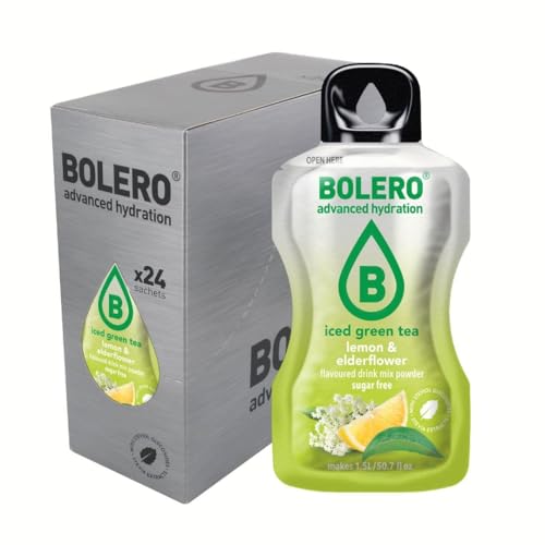 Bolero ICED GREEN TEA LEMON & ELDERFLOWER 24x8g | Saftpulver ohne Zucker, gesüßt mit Stevia + Vitamin C | geeignet für Kinder, Sportler und Diabetiker | glutenfrei und veganfreundlich von Bolero