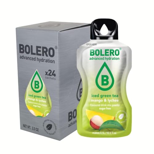Bolero ICED GREEN TEA MANGO & LYCHEE 24x3g | Saftpulver ohne Zucker, gesüßt mit Stevia + Vitamin C | geeignet für Kinder, Sportler und Diabetiker | glutenfrei und veganfreundlich von Bolero