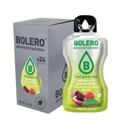 Bolero ICED GREEN TEA RASPBERRY & POMEGRANATE 24x3g | Saftpulver ohne Zucker, gesüßt mit Stevia + Vitamin C | geeignet für Kinder, Sportler und Diabetiker | glutenfrei und veganfreundlich von Bolero