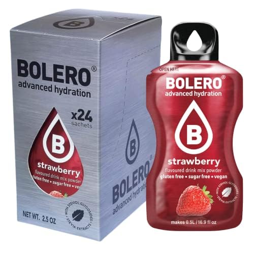Bolero STRAWBERRY 24x3g | Saftpulver ohne Zucker, gesüßt mit Stevia + Vitamin C | geeignet für Kinder, Sportler und Diabetiker | glutenfrei und veganfreundlich | Erdbeergeschmack von Bolero