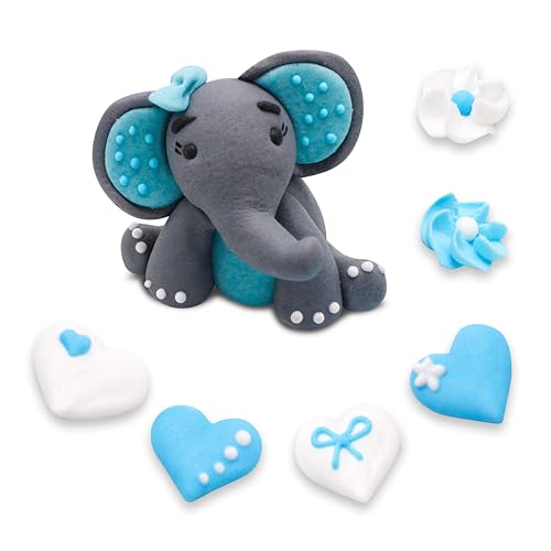 Bombasei Handgefertigter Zucker Fondant Elefant mit Herz- & Blütenformen in Blau 7-teilig, 37g, perfekt für Torten- & Kuchendekoration, Tortendeko zum Verschenken & selbst freuen von Bombasei decor