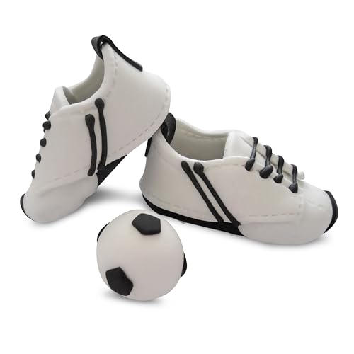 Bombasei Handgefertigte Fondantdeko Fussball & Schuhe in Schwarz/Weiss mit Schnürsenkel & Nähten als Detail 107g, Fußball Tortendeko für Geburtstage & zum Verschenken von Bombasei decor