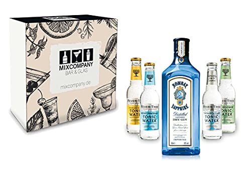 Gin Tonic Set Giftbox Geschenkset - Bombay Sapphire London Dry Gin 0,7l 700ml (40% Vol) + 4x Fever Tree Tonic Water Mix je 200ml inkl. Pfand MEHRWEG -[Enthält Sulfite] von Bombay Sapphire-Bombay Sapphire