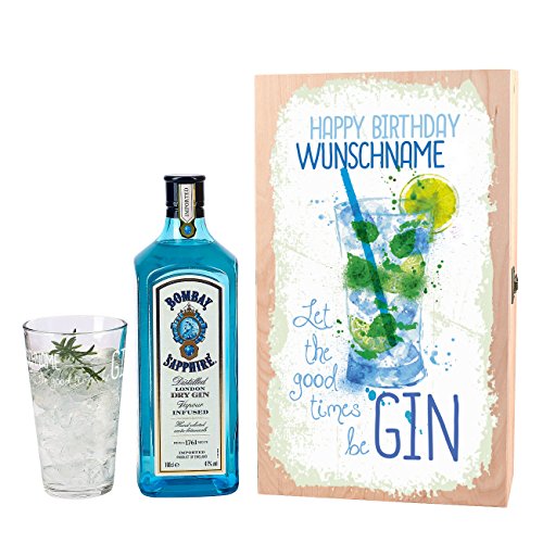 Herz & Heim® Gin Geschenkset - Let the good times be Gin - mit 1 l Bombay Sapphire und graviertem Glas zum Geburtstag mit Wunschnamen von Herz & Heim