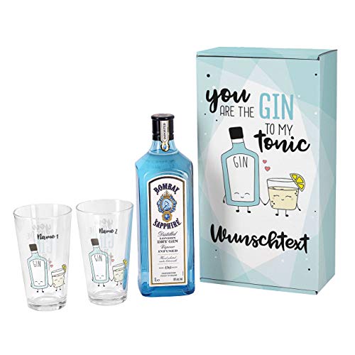 Herz & Heim® Gin Geschenkset - You are the Gin to my Tonic - mit 1 l Bombay Sapphire und 2 bedruckten Longdrinkgläsern und schöner Verpackung mit Wunschnamen und Wunschtext von Herz & Heim