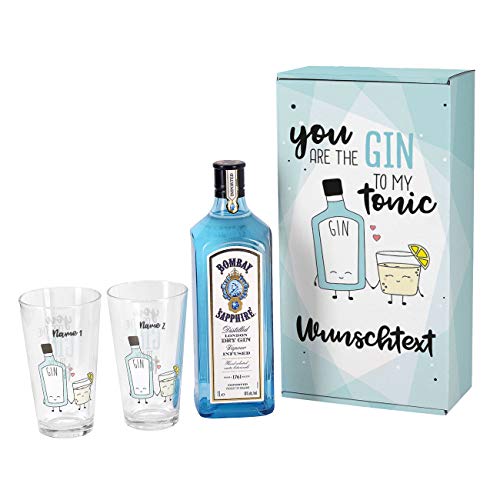 Herz & Heim® Gin Geschenkset - You are the Gin to my Tonic - mit 1 l Bombay Sapphire und 2 bedruckten Longdrinkgläsern und schöner Verpackung mit Wunschnamen und Wunschtext Herz & Heim® Gin Geschenkset - You are the Gin to my Tonic - mit 1 l Bombay Sapphire und 2 bedruckten Longdrinkgläsern und schöner Verpackung mit Wunschnamen und Wunschtext von Herz & Heim
