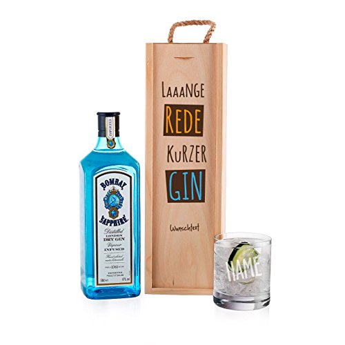 Herz & Heim® Gin Geschenkset - lange Rede kurzer GIN - mit 1 l Bombay Sapphire und graviertem Glas in stilvollen Geschenkverpackung von Herz & Heim