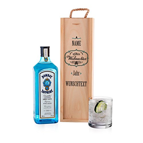 Herz & Heim® Gin Set zu Weihnachten - be GIN liche Weihnachten - mit 1 l Bombay Sapphire und graviertem Glas in stilvollen Geschenkverpackung von Herz & Heim