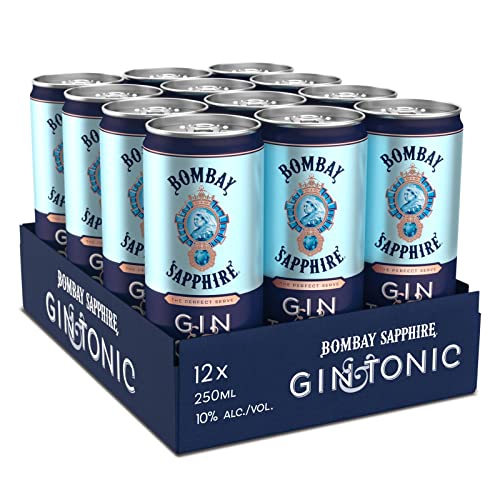 Bombay Sapphire Premium Gin & Tonic, Ready-To-Drink Cocktail in der Dose, trinkfertiger Mix mit per Dampfinfusion hergestelltem London Dry Gin und Premium-Tonic, 10% Vol., 12x 25 cl/250 ml von Bombay Sapphire