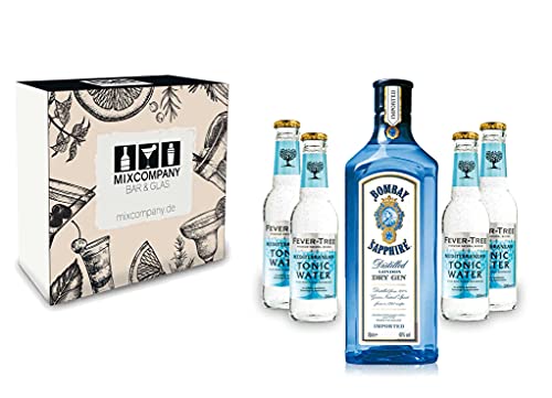 Gin Tonic Giftbox Geschenkset - Bombay Sapphire 0,7l 700ml (40% Vol) + 4x Fever Tree Mediterranean Tonic Water 200ml inkl. Pfand MEHRWEG + Geschenkverpackung von Bombay Sapphire-Bombay Sapphire