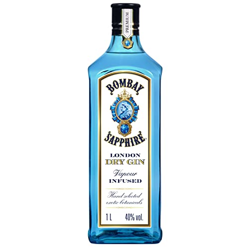 Bombay Sapphire Distilled London Dry Gin, per Dampfinfusion hergestellt mit 10 erlesenen exotischen Botanicals, ideal für die Hausbar und als Geschenk ab 18, 40% Vol., 100 cl/1L von Bombay Sapphire