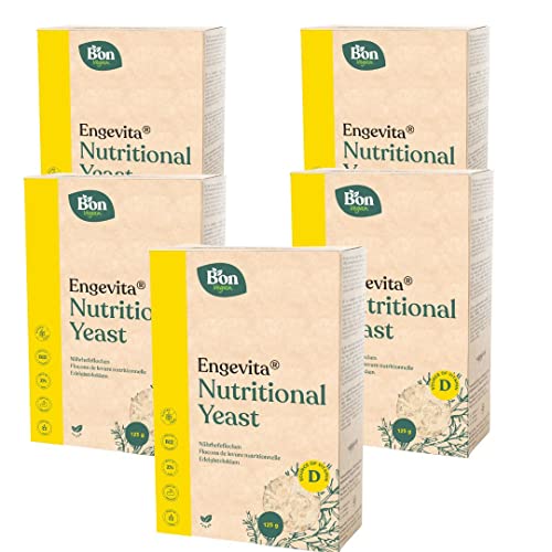 Bon Vegan Engevita Hefeflocken | Premium Nutritional Yeast Flakes 5x125gr | Glutenfrei Vegan Würzhefeflocken mit Vitamin-D, B12, des B-Komplexes und Zink | Inaktive Nährhefe schmeckt wie Parmesan von Bon Vegan
