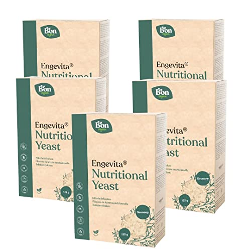 Engevita nicht angereicherte Nährhefe Flocken by Bon Vegan | Premium Nutritional Yeast Flakes 5x125g | veganer Käseersatz | mit B-Vitaminen | Gentechnikfrei | Glutenfrei | ohne Zusatz von Vitaminen von Bon Vegan
