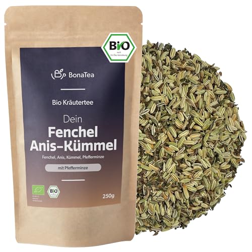BIO Fenchel-Anis-Kümmel Tee 250g mit einem Hauch Pfefferminzblättern - Hochwertiger loser Kräutertee für Vor und Nach dem Essen von BonaTea