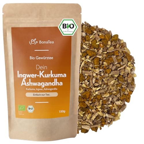 Bio Ingwer Kurkuma Ashwagandha Tee – Hochwertiger loser Gewürztee nach ayurvedischer Tradition 150g von BonaTea