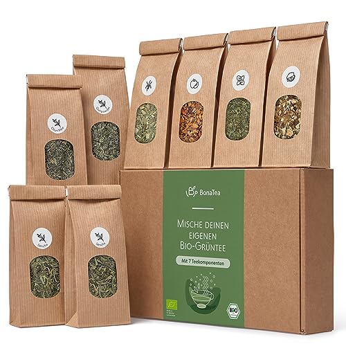 Tee Selber Mischen Set Geschenk mit Grüntee - BIO Grüner Tee Geschenkset mit 7 leckeren Tee-Sorten zum DIY Teemischung Selber Machen von BonaTea