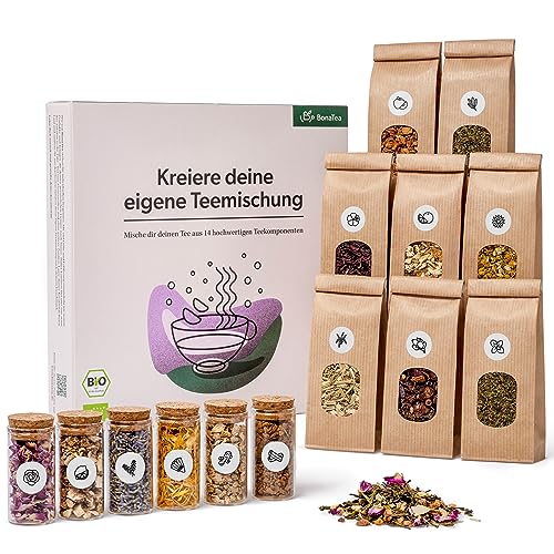 Tee Selber Mischen Set Geschenk mit 14 aufregenden Tee-Sorten - BIO Tee Geschenkset für Frauen zum DIY Teemischung Selber Machen von BonaTea
