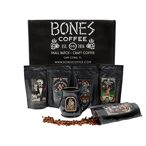 Bones Coffee Company Favorite Flavors Probenpackung Geschenk-Set mit Kaffeetasse, mittelgeröstet, ganze Bohnen, Kaffee, säurearmer Geschmack, Kaffeebohnen (118 ml, 5 Stück) von Bones Coffee Company