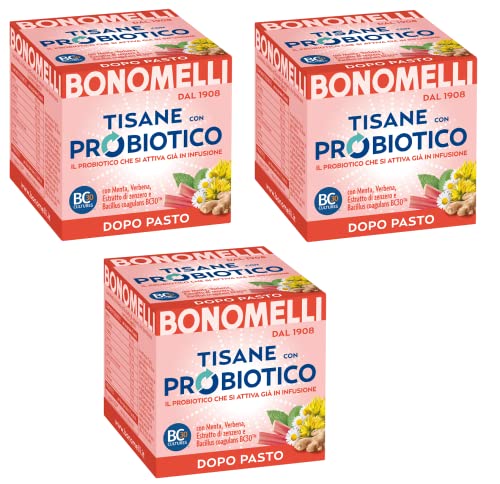 3x Bonomelli Tisane con Probiotico Dopo Pasto Kräutertees mit Probiotika mit Minz-, Eisenkraut- und Ingwerextrakt ideal nach den Mahlzeiten Packung mit 10 Filtern von Bonomelli