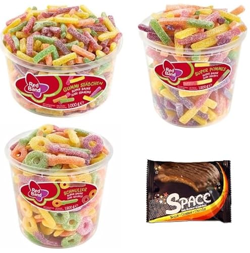 3 Dosen Red Band Mix/Gummi Stäbchen/Super Pommes/Saure Schnuller + Space Keks von Onlineshop Bormann von Bormann