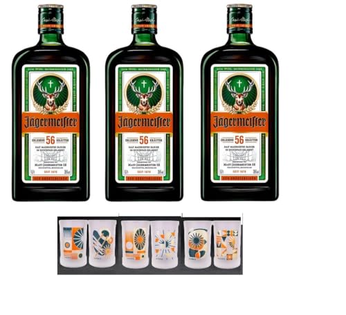 3 x Jägermeister 35% Vol. a 0,7l 0,7l + 6 Design Gläser Edition 1-6 + Space Riegel a 45g von Bormann